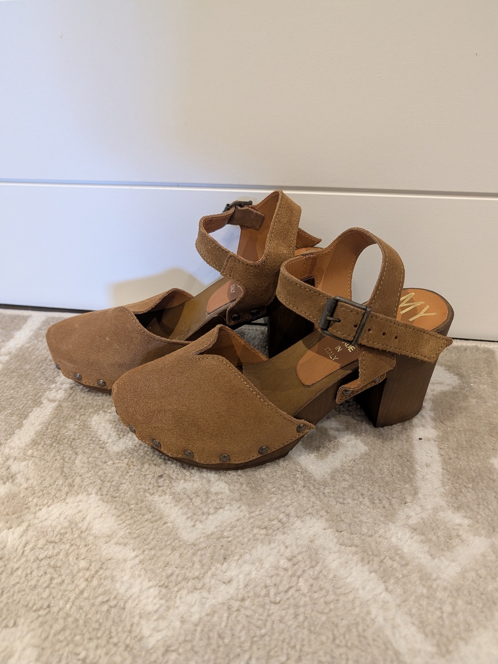 Women's Brown Suede Clog Heels with Ankle Strap